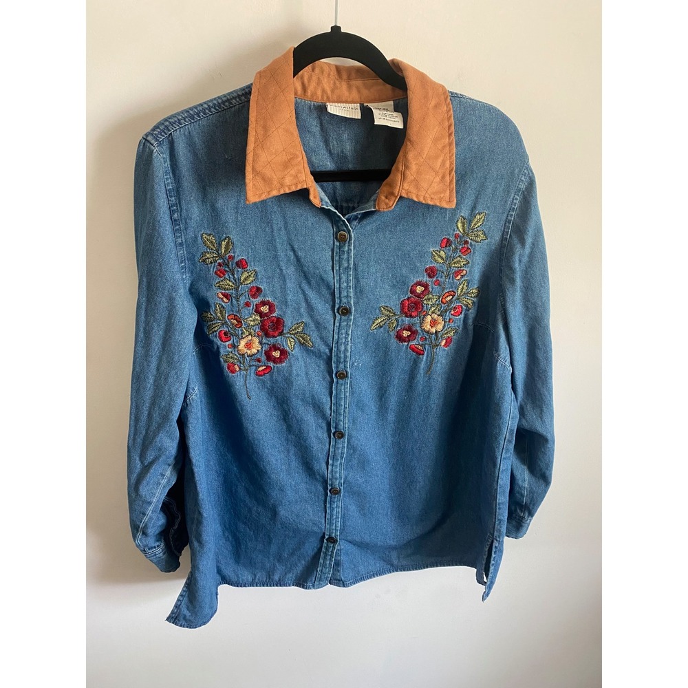 White Stag Plus Womens 16W Denim Embroidered Floral Shirt Quilted Collar Blue